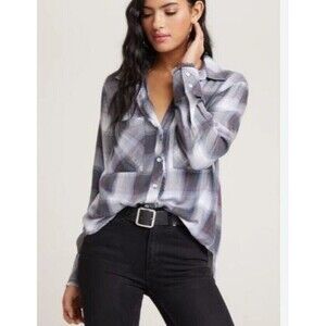 Bella Dahl Fray Placket Shirt Size XS Chalk Blue Plaid Lightweight MSRP $145